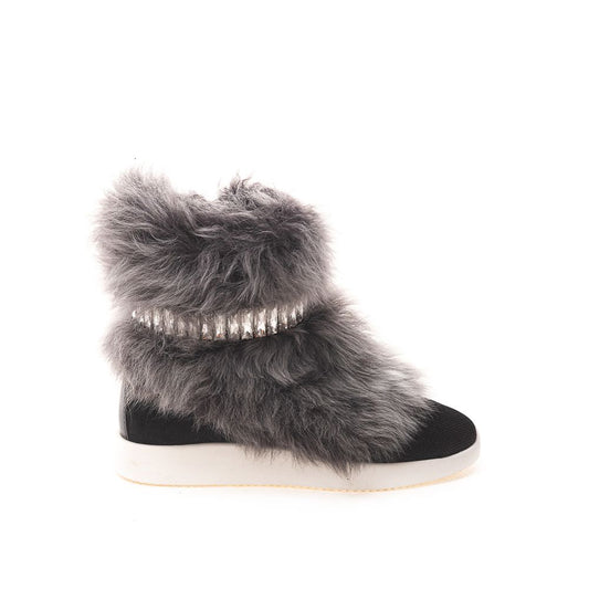 Giuseppe Zanotti Black Neoprene Chunky Sneakers with fur and crystals, round toe, black fabric and white rubber sole, side zipper