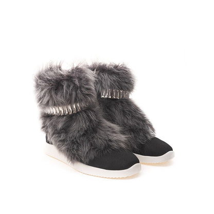 Giuseppe Zanotti Black Neoprene Chunky Sneakers with faux fur and crystals, round toe, black fabric, white sole, side zipper