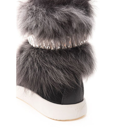Detail of Giuseppe Zanotti Black Neoprene Chunky Sneakers with faux fur and crystal embellishments.