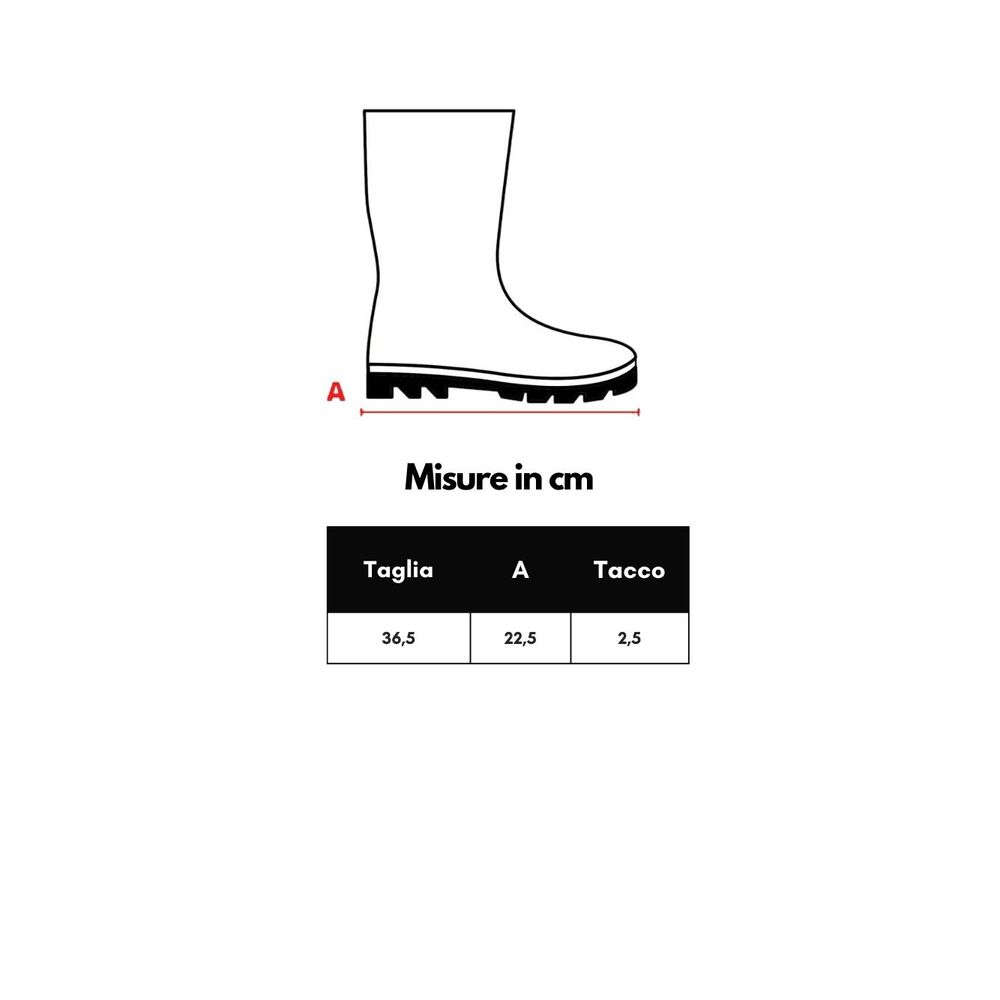 Boot size chart with measurements in cm, including foot length (Taglia), height (A), and heel (Tacco).