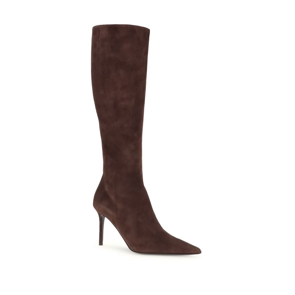 Giuseppe Zanotti Brown Leather High Heel Boots with stiletto heel and almond toe, suede finish, knee-high, back zipper closure, Italian made