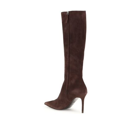 Giuseppe Zanotti Brown Leather High Heel Boots with stiletto heel, almond toe and back zipper. Elegant knee-high suede design for AW25.