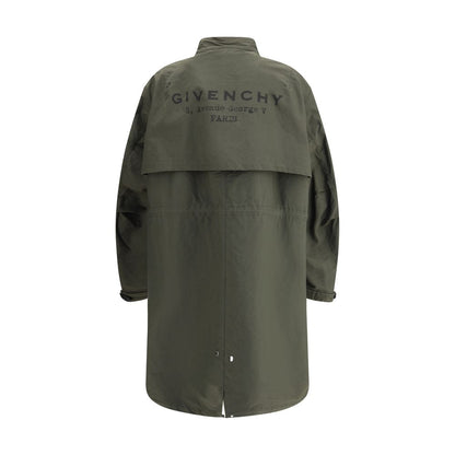 Back view of Givenchy Bicolor Cotton Clothing parka jacket with monogram embellishment and adjustable waist and hem.