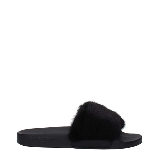 Givenchy Black Cotton Slippers with side logo, featuring open toe and flat rubber sole, designed for casual style.