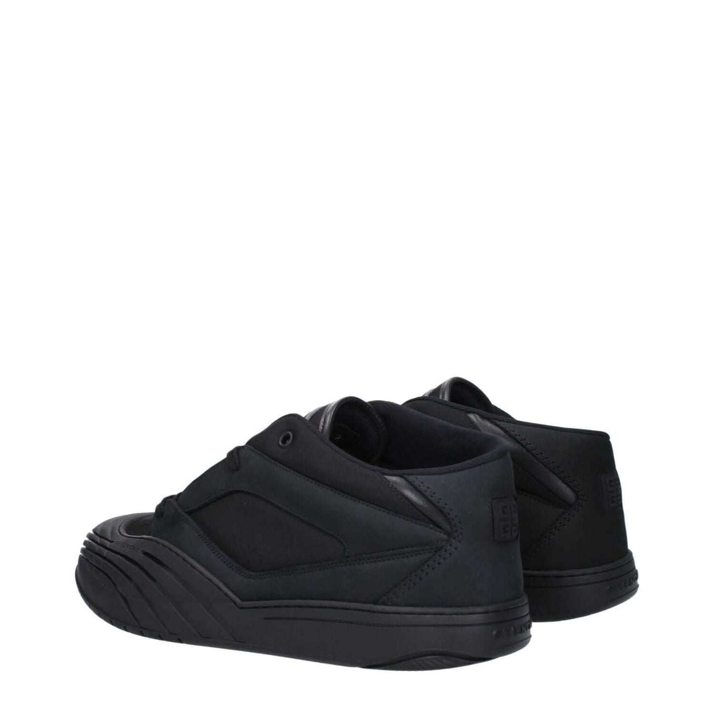 Givenchy Black Fabric Low Top Sneakers with logos, lace-up closure, rubber sole, and round toe design.