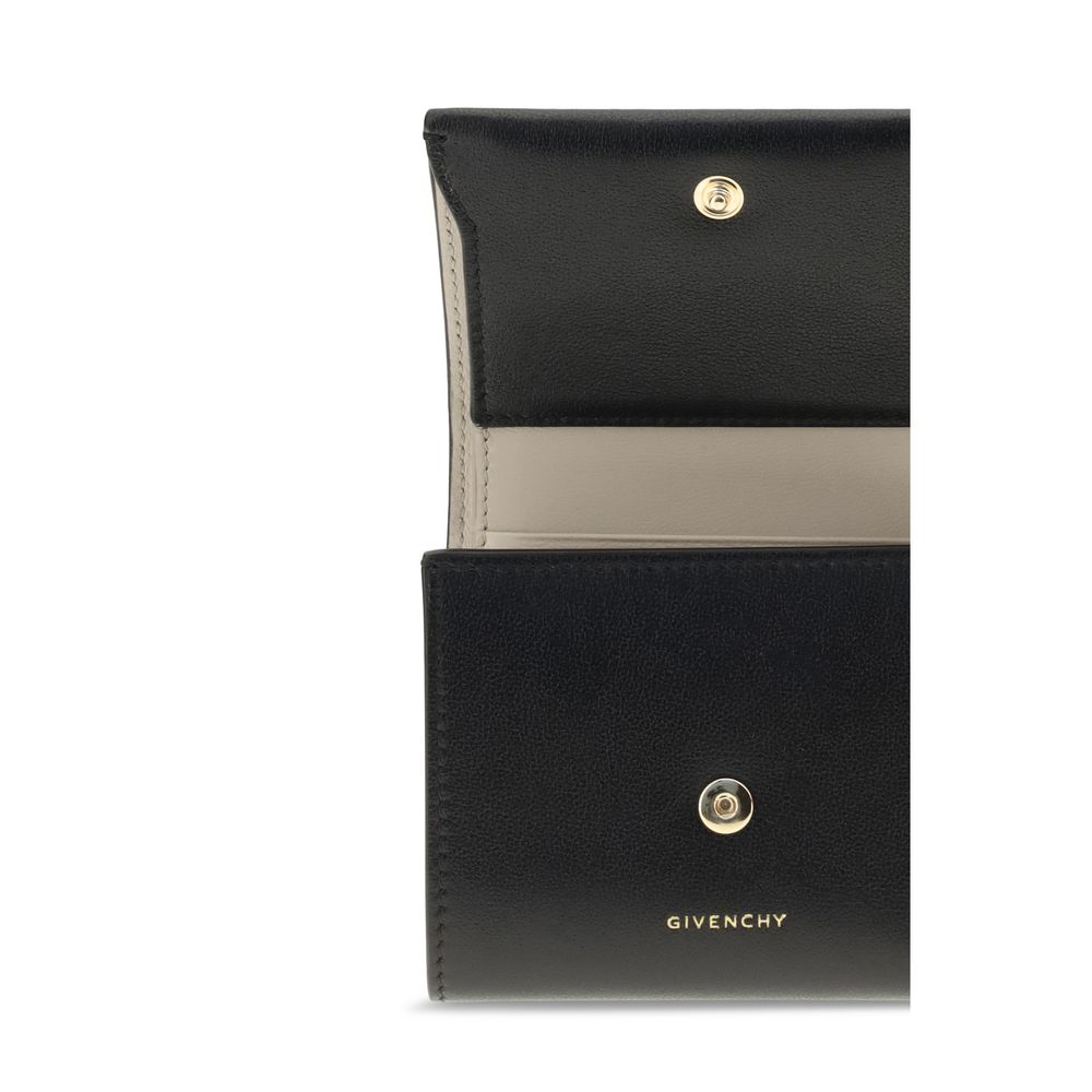 Givenchy Black Lamb Leather Wallet with gold snap closure and interior compartments, showcasing luxurious design and functionality. AW25 edition.