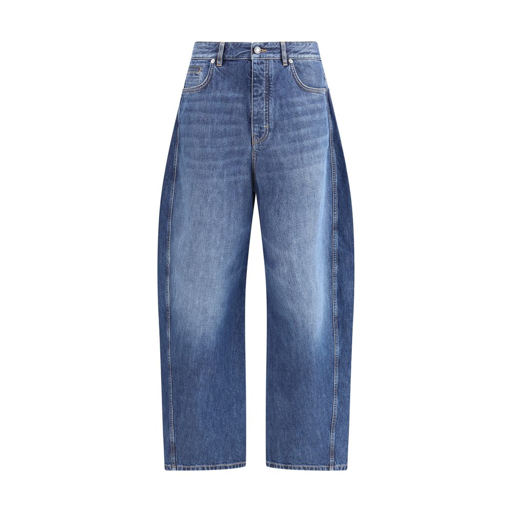 Givenchy Blue Cotton Relaxed Fit Jeans with oversized design, featuring belt loops, zipper closure, and suede logo applique.