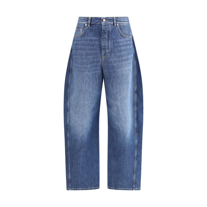 Givenchy Blue Cotton Relaxed Fit Jeans with oversized design, featuring belt loops, zipper closure, and suede logo applique.