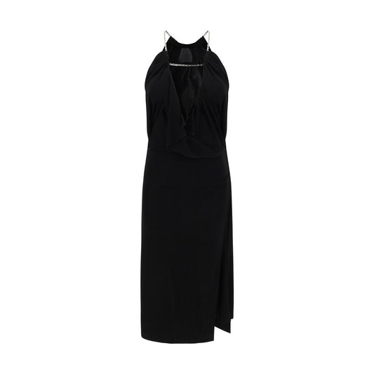 Givenchy Midi Dress with halter neckline featuring chain embellishment, cut-out front, deep V-neck, sleeveless, double-breasted design, front slit.