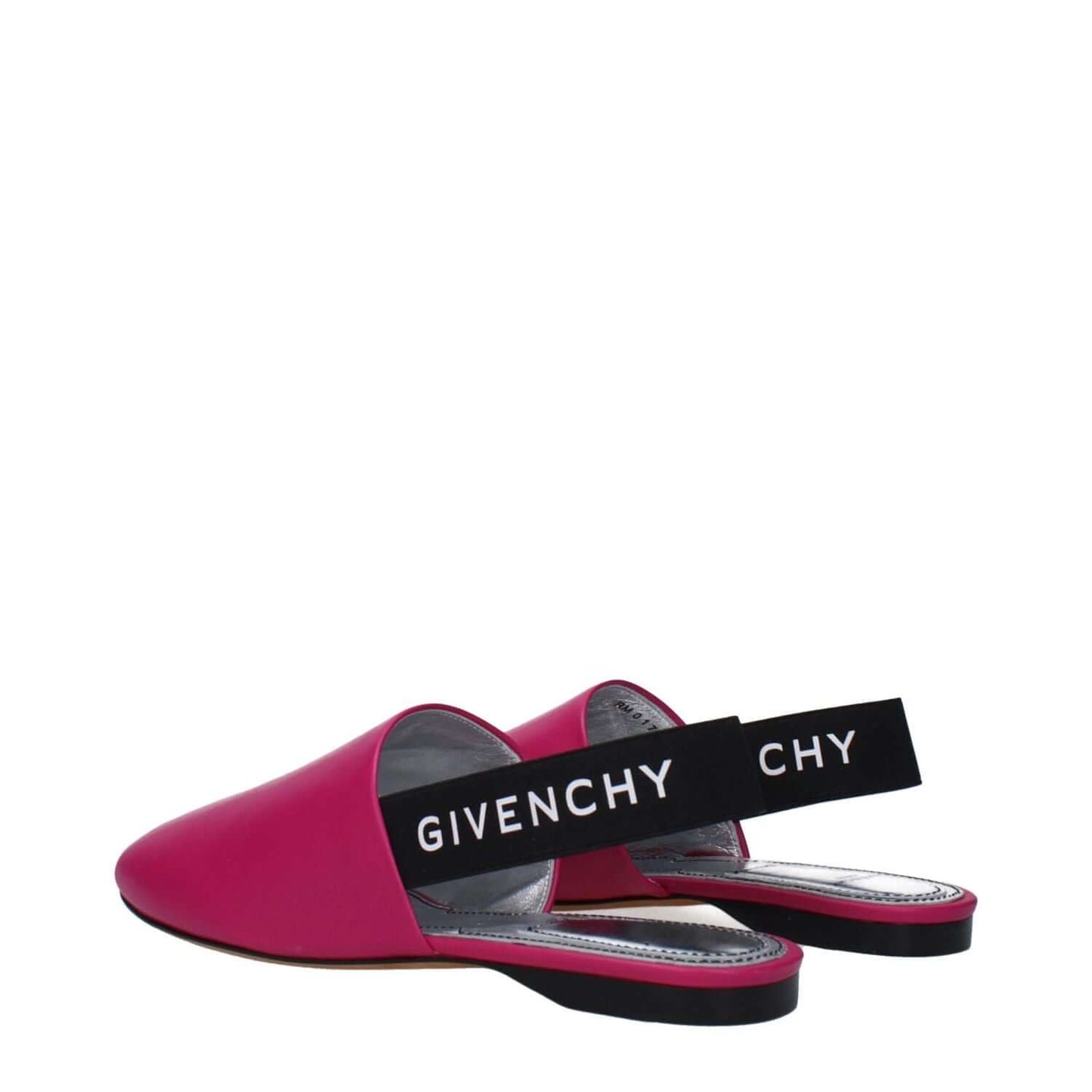 Givenchy Pink Leather Sandals with logo straps, round toe, and low flat heel in fuchsia, perfect for casual style.