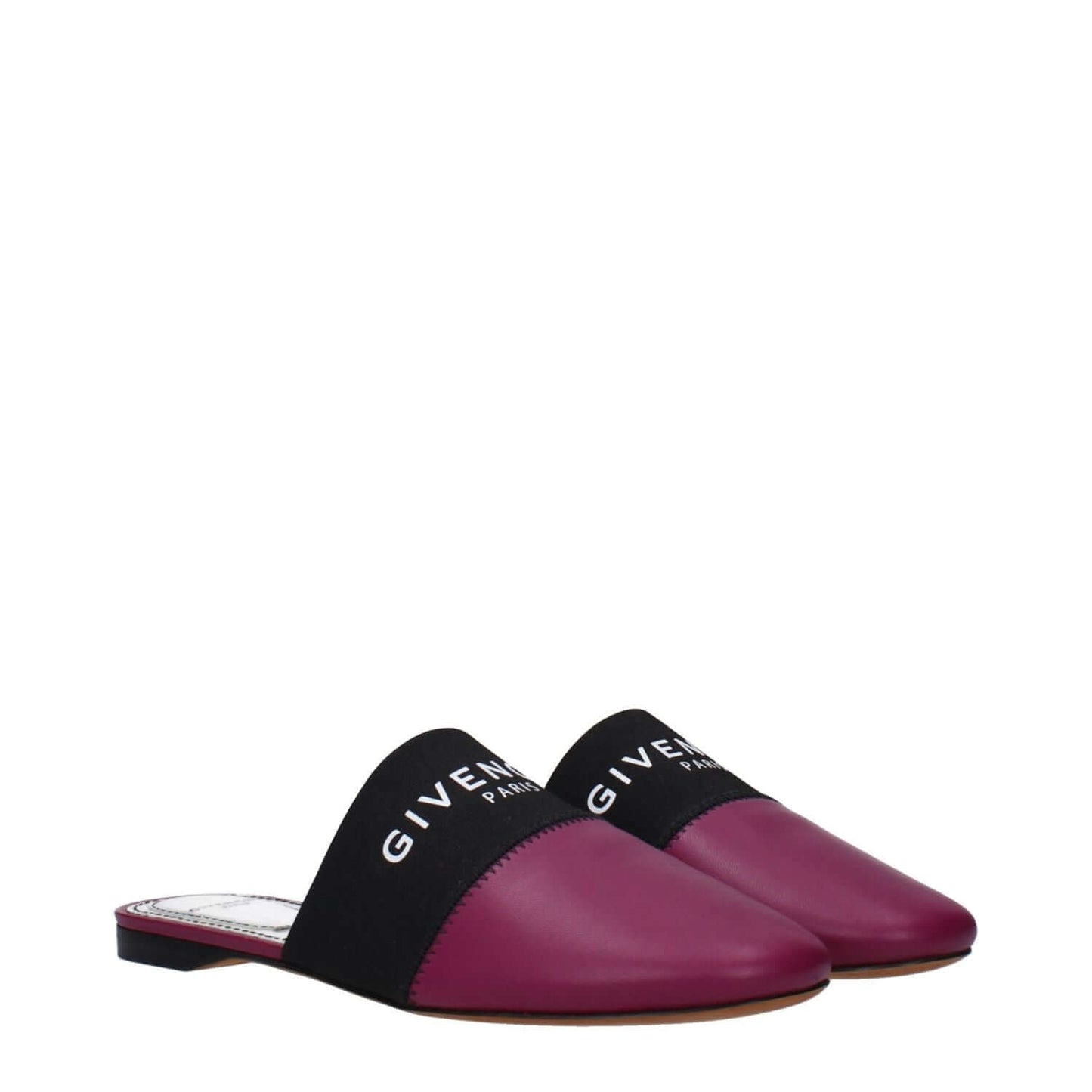 Givenchy Purple Leather Slippers with front logo, round toe, and low flat heel, made of violet leather with dark orchid details.