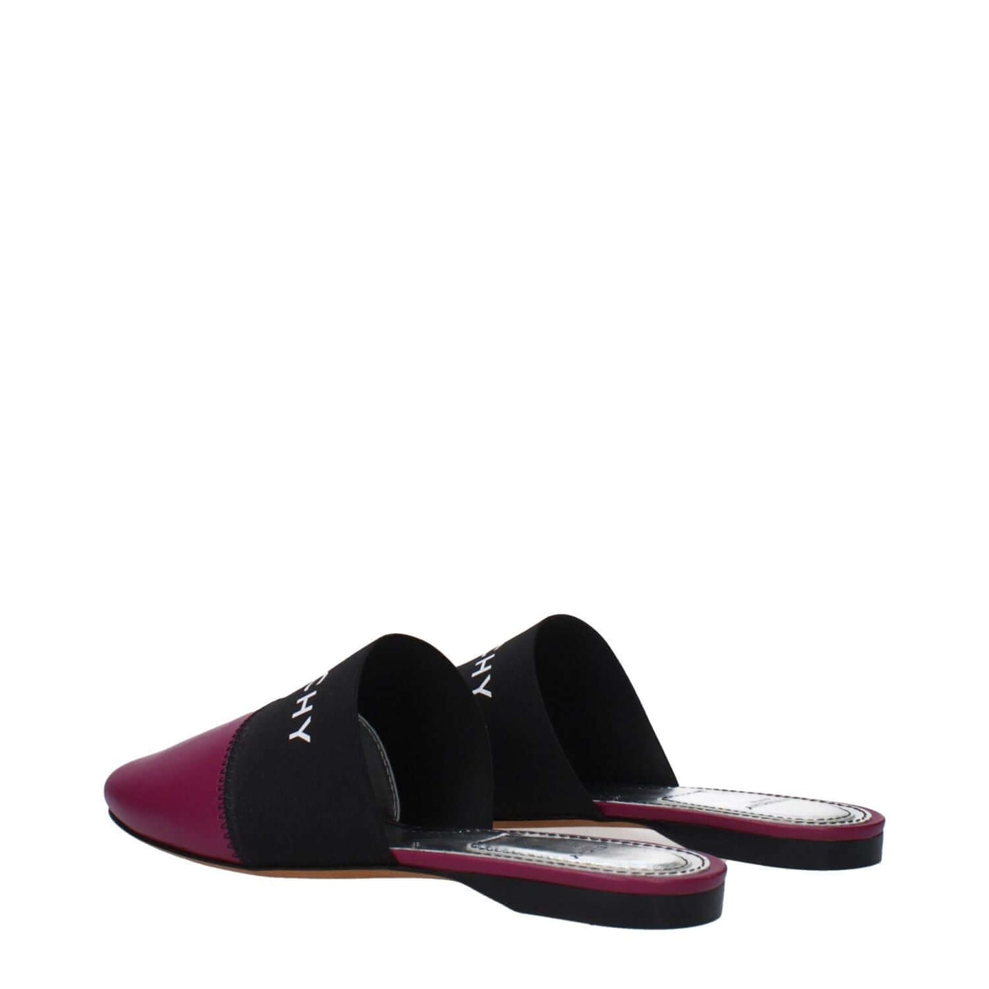 Givenchy Purple Leather Slippers with round toe and front logo, made from leather in dark orchid, featuring low flat heel.
