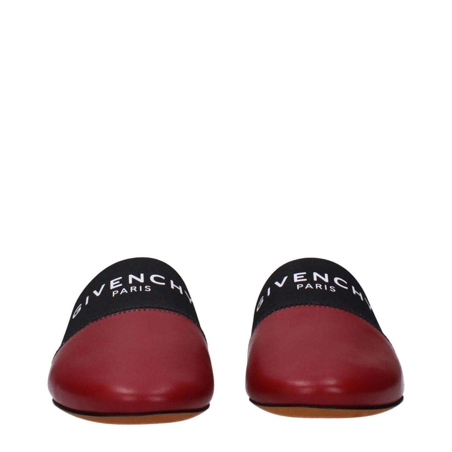 Givenchy Red Leather Slippers featuring front logo, casual style, round toe, and low flat heel, perfect for stylish comfort.