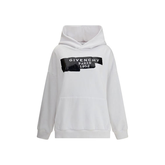 Givenchy White Cotton Sweatshirt with 3D logo print, hood, and pouch pocket. Oversized fit, ribbed hems, modern AW25 style.