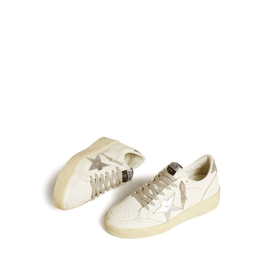 Golden Goose Ballstar 2 Sneakers with white leather, star patch, and glitter details, featuring distressed look and branded heel.