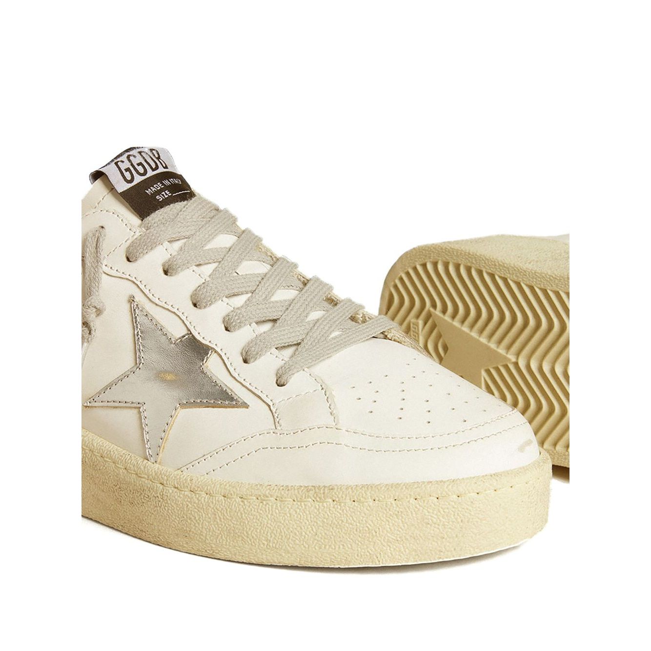 Golden Goose Ballstar 2 Sneakers with white leather, silver star patch, and glitter detail on contrasting heel, featuring distressed finish.