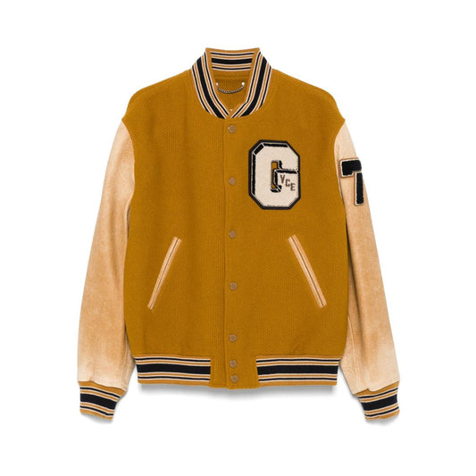 Golden Goose Coats mustard yellow varsity jacket with leather sleeves, letter patch, ribbed trims, button fastening, and welt pockets.