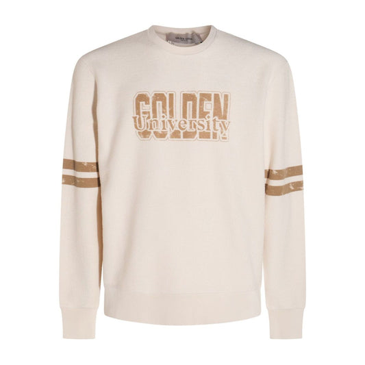 Golden Goose Sweaters White, cream 'Golden University' text, stripe detailing on sleeves, crew neck cotton sweatshirt.