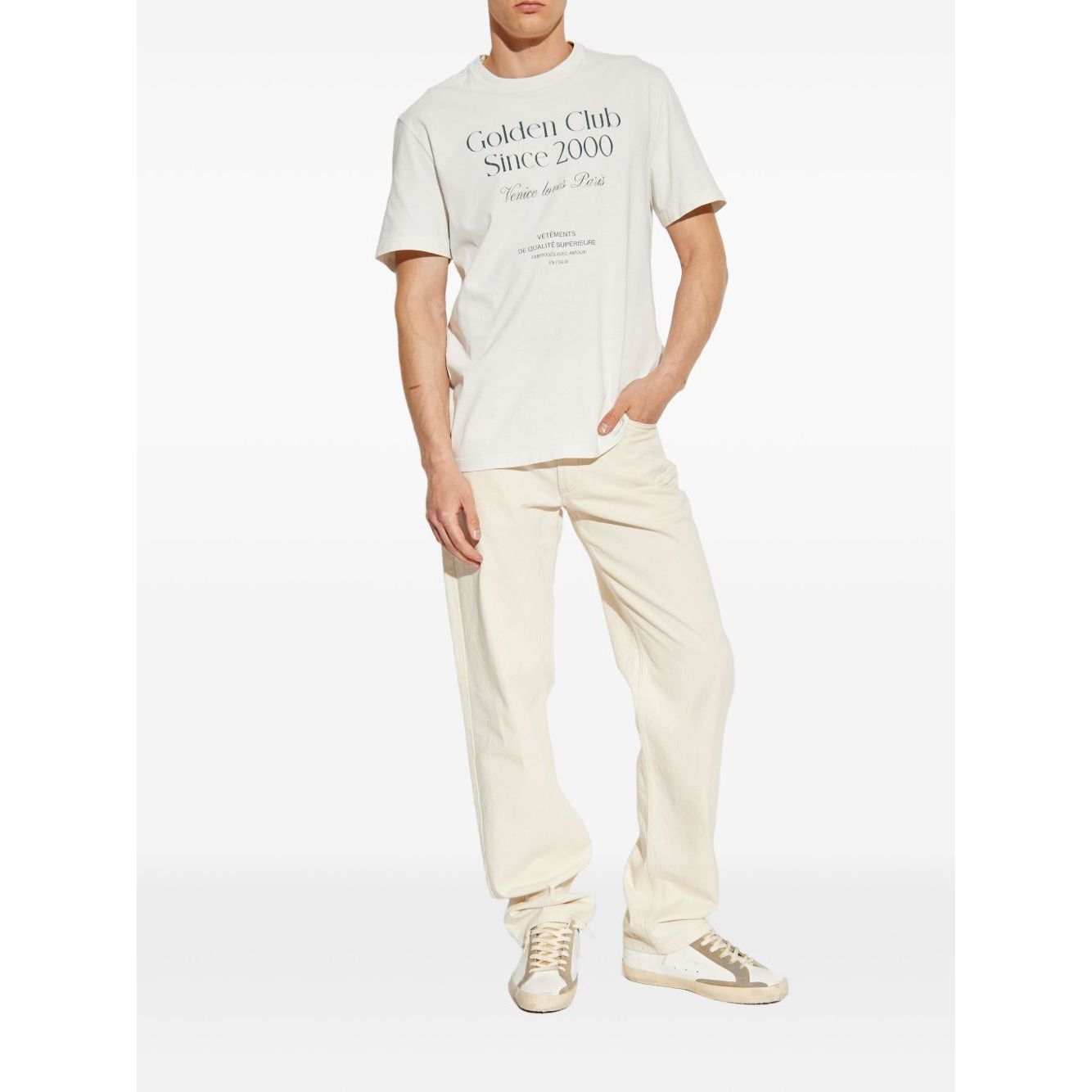 Golden Goose T-shirts and Polos White cotton crew neck with graphic print and metallic star embellishments