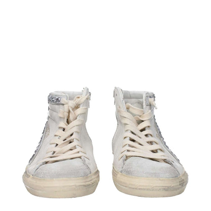 Golden Goose White Leather High Top Sneakers with vintage effect and silver details