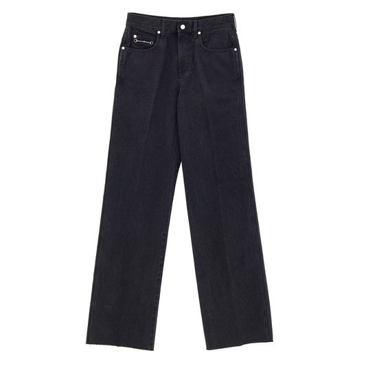 Gucci Black Cotton Jeans Denim with wide straight leg, five pockets, and iconic metal detail on front pocket.