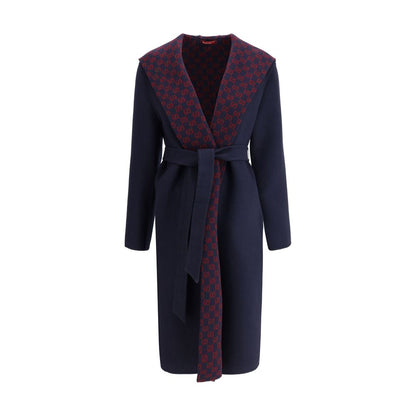 Gucci Blue Wool Coat with hood, knotted sash, side welt pockets and Gucci monogram inner panel for timeless elegance and practicality.
