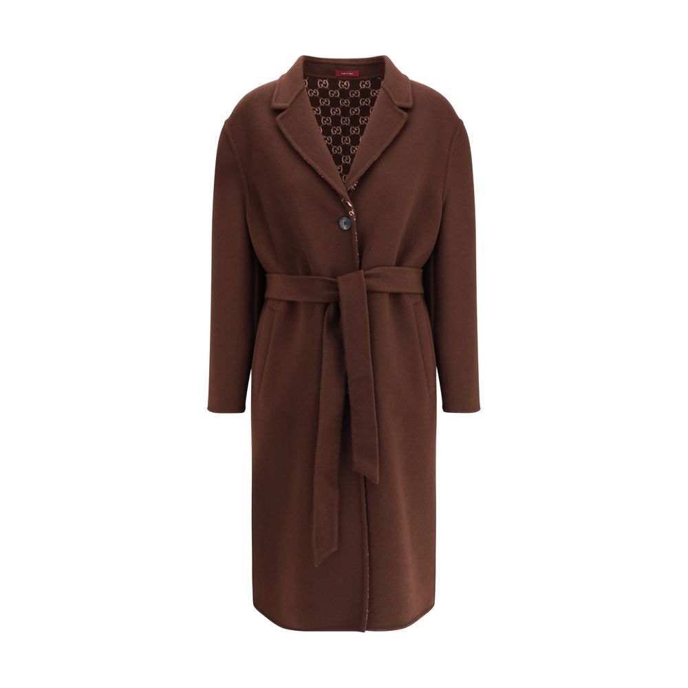 Gucci Brown Wool Coat featuring a reversible design with brown silk wool and GG patterned silk wool, complete with notch lapels and pockets.
