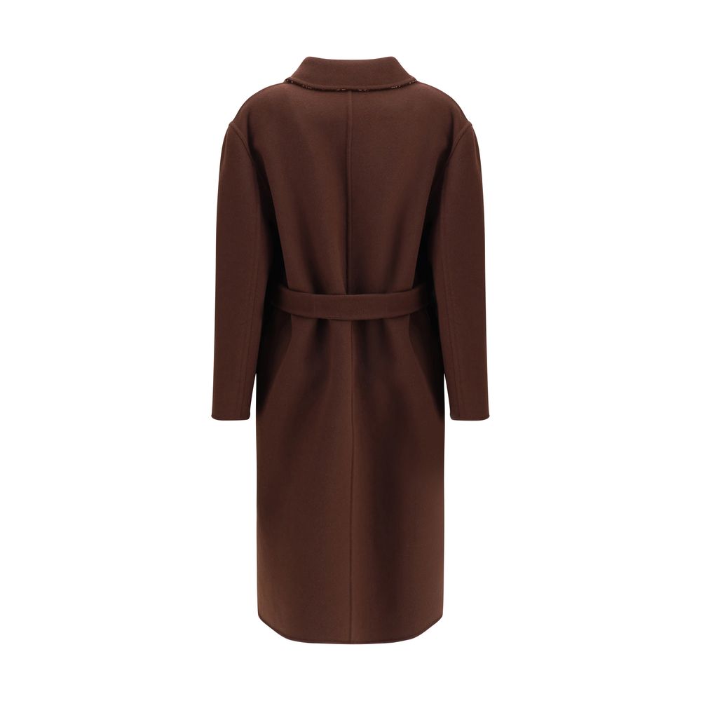 Back view of Gucci Brown Wool Coat with belt, showcasing refined style and elegant design.