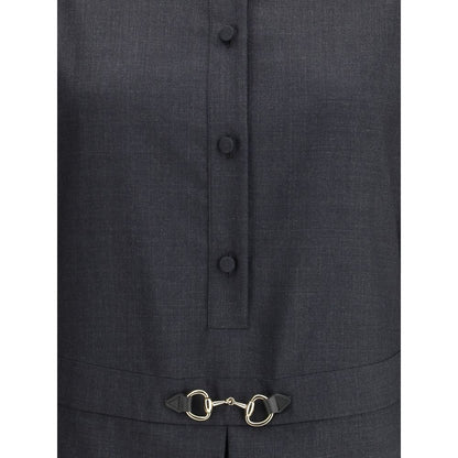 Gucci Gray Wool Casual Dress with front buttons and horsebit detail, showcasing elegance and versatility.
