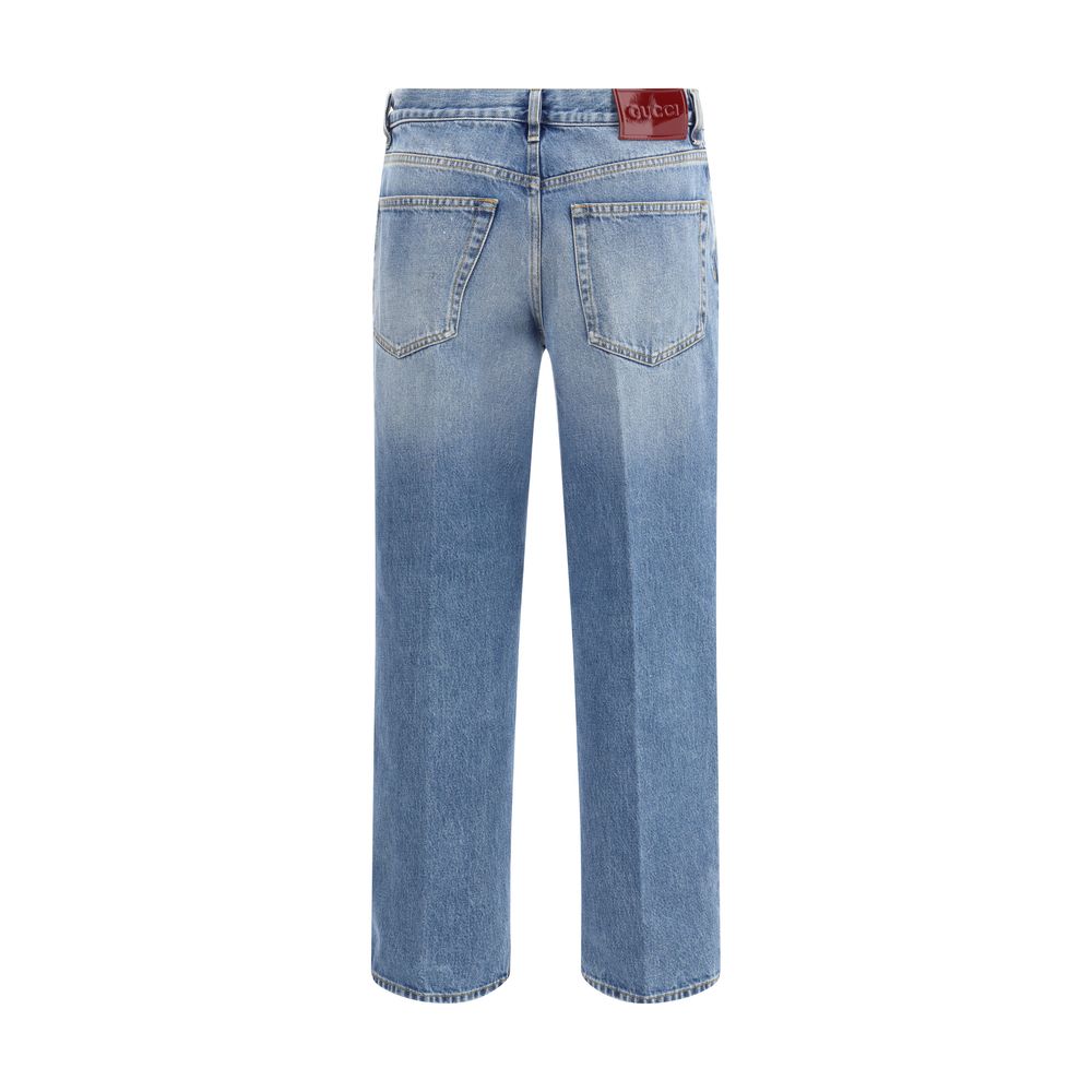 Gucci Light Blue Cotton Straight-Leg Jeans with five-pocket design and naplak label, featuring a classic fit and belt loops for AW25 season.