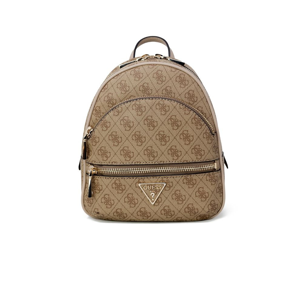 Guess Beige Polyethylene Backpack with 4G logo pattern and gold-tone details; modern, elegant accessory with zip pockets.