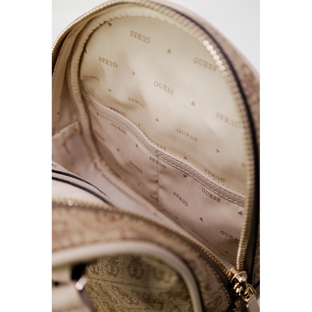 Interior view of Guess Beige Polyethylene Backpack showing logo-patterned lining and zip compartments for organized storage.