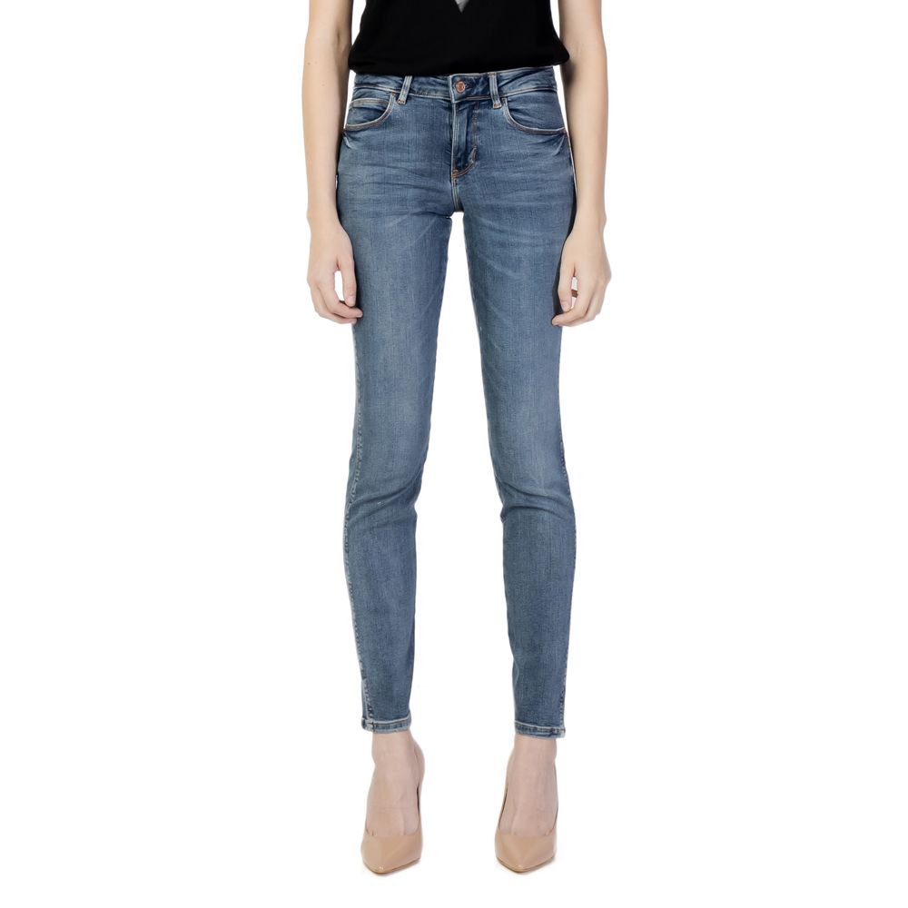 Guess Blue Cotton Skinny Jeans for women, front view, featuring curve-hugging design crafted from cotton blend.