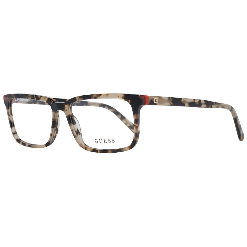 Guess Brown Men Glasses Frame, full-rim rectangle style, plastic material, brown color with demo lenses, includes branded case, spring hinge
