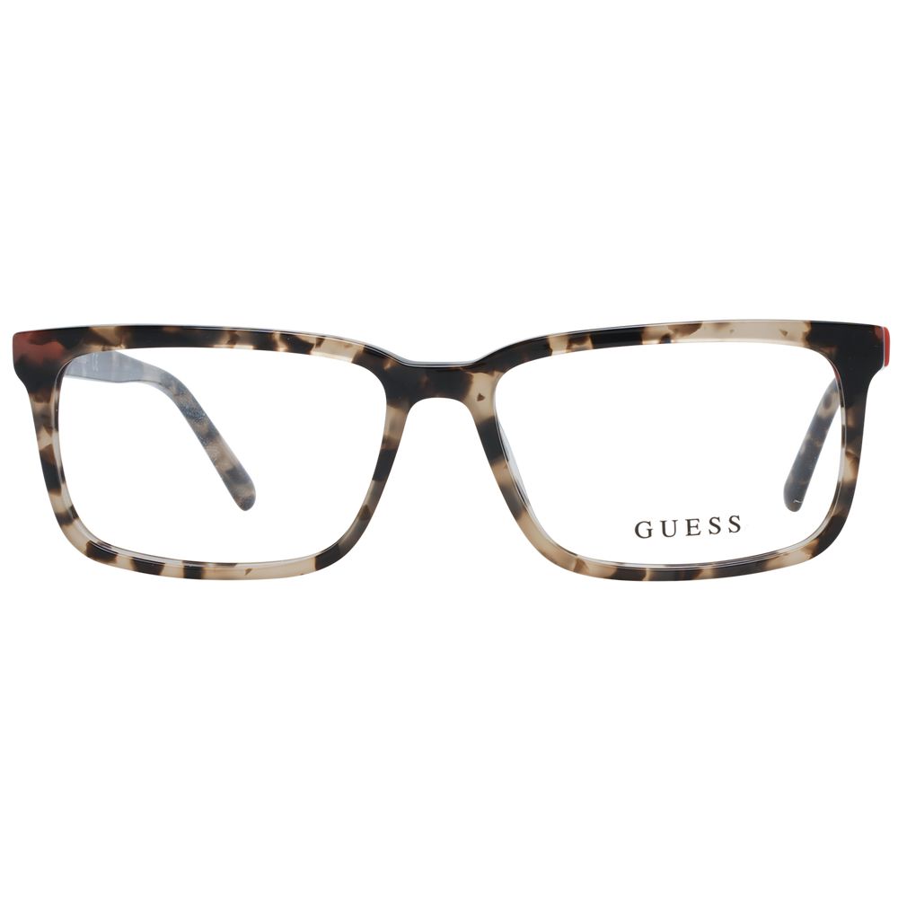 Guess Brown Men Glasses Frame in plastic full-rim style with rectangle shape, lens width 54mm, bridge width 15mm, temples length 145mm.