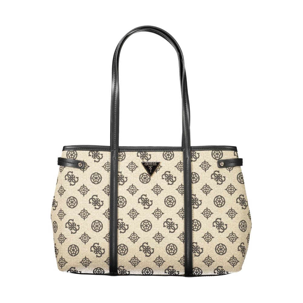 Guess Jeans Beige Cotton Women Handbag with black handles and patterned design