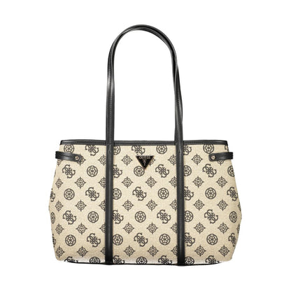 Guess Jeans Beige Cotton Women Handbag with black handles and patterned design
