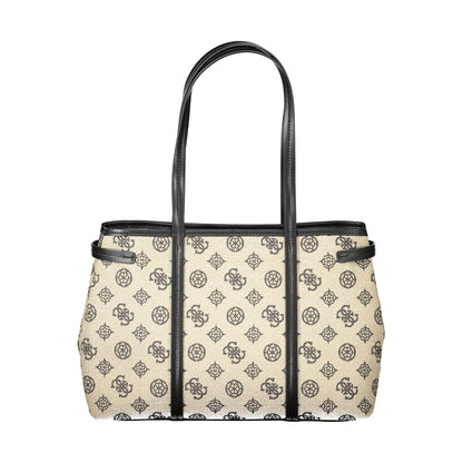 Guess Jeans Beige Cotton Women Handbag with black straps and printed design, perfect for everyday use and organization.