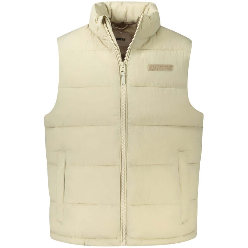 Guess Jeans Beige Polyamide Men Jacket - Sleeveless water-resistant jacket with logo, ideal for stylish and practical outerwear.