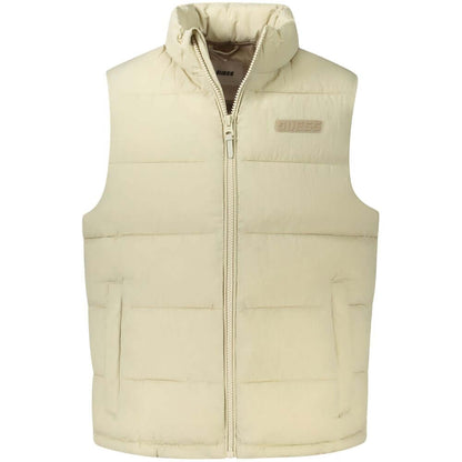 Guess Jeans Beige Polyamide Men Jacket, sleeveless, water-resistant, iconic logo, stylish outerwear with practical pockets.