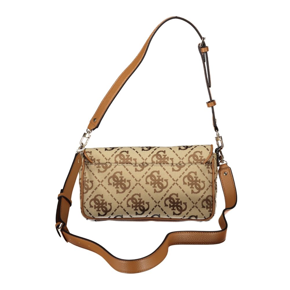 Guess Jeans Beige Polyester Women Handbag with monogram pattern and adjustable strap.