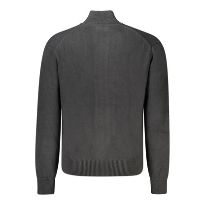 Back view of Guess Jeans Black Cotton Men Sweater featuring ribbed cuffs and hem for sleek sophistication in fashion.