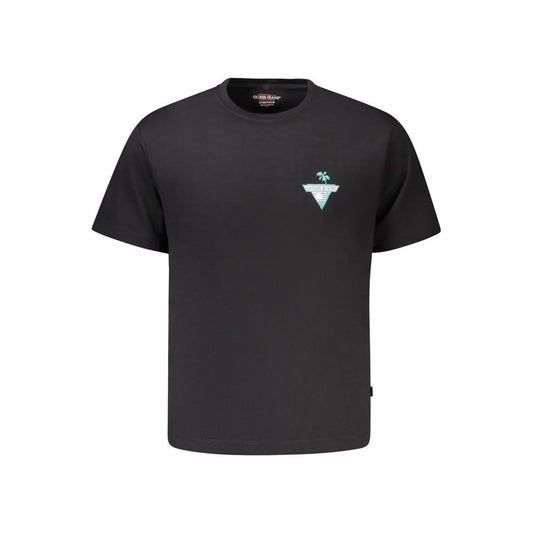 Guess Jeans Black Cotton T-Shirt with short sleeves, crew neck, and logo print made from organic cotton.
