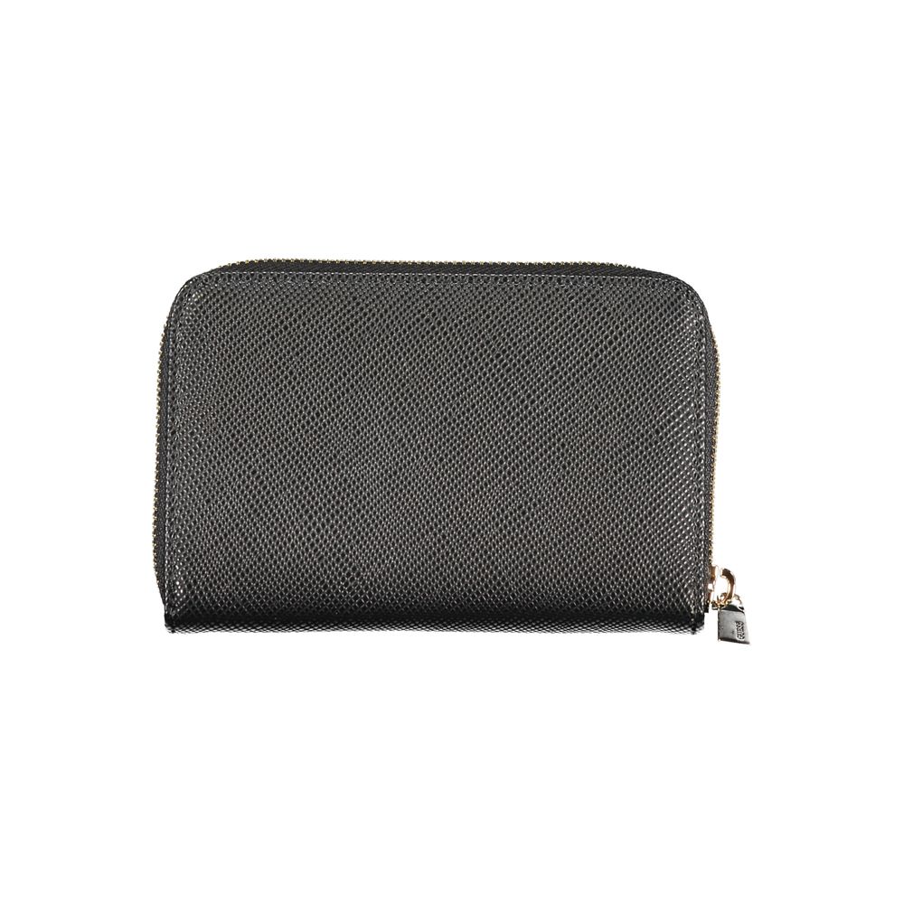 Guess Jeans Black Polyethylene Wallet with zip closure, LAUREL II SLG design, featuring 2 compartments, coin purse, double card spaces, and logo.