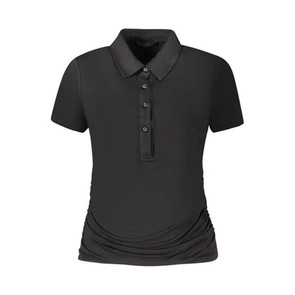 Guess Jeans Black Viscose Women Top with short sleeves and button details, offering a stylish and comfortable fit for trendy wardrobes.