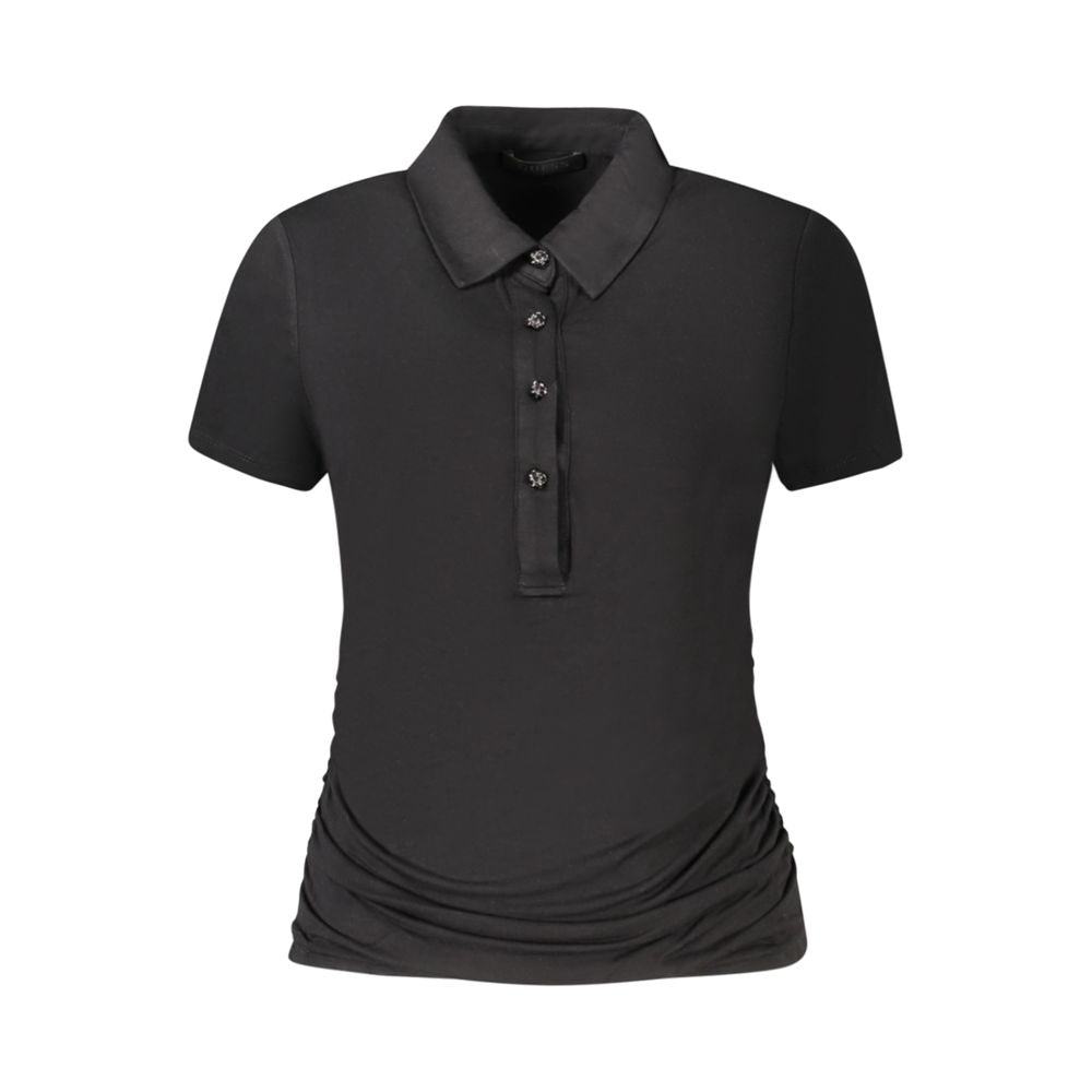 Guess Jeans Black Viscose Women Top with short sleeves and iconic logo buttons, offering flattering fit and edgy style.
