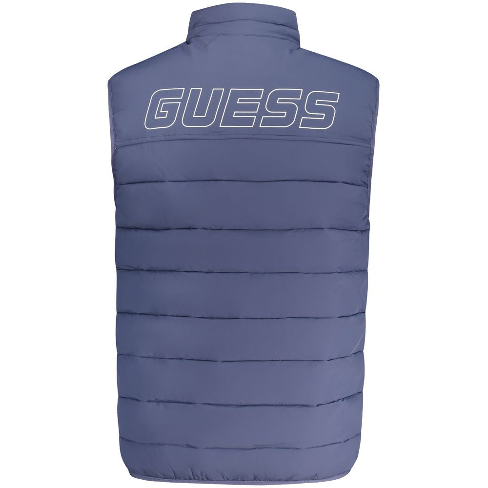 Guess Jeans Blue Spandex Men Jacket with logo and zipper, durable and stylish design for men's fashion.