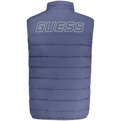 Guess Jeans Blue Spandex Men Jacket with logo and zipper, durable and stylish design for men's fashion.