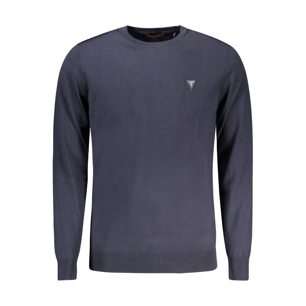 Guess Jeans Blue Viscose Sweater with long sleeves and crew neck, featuring logo on chest.