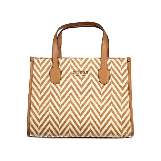 Guess Jeans Brown Cotton Handbag with chevron pattern, features two handles, adjustable shoulder strap, and multiple pockets.